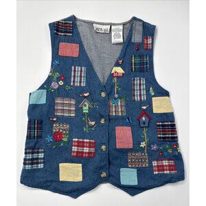 Vintage Casey Max Vest Womens Small Embroidered Floral Birds Garden Cottagecore